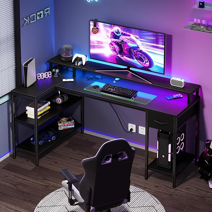 DUMOS 53” Gaming Desk with USB Charging Ports & LED Lights, Reversible L Shaped Desks Computer Corner Gamer Table with Stand Storage Shelves for Home Office Small Space, Modern Black