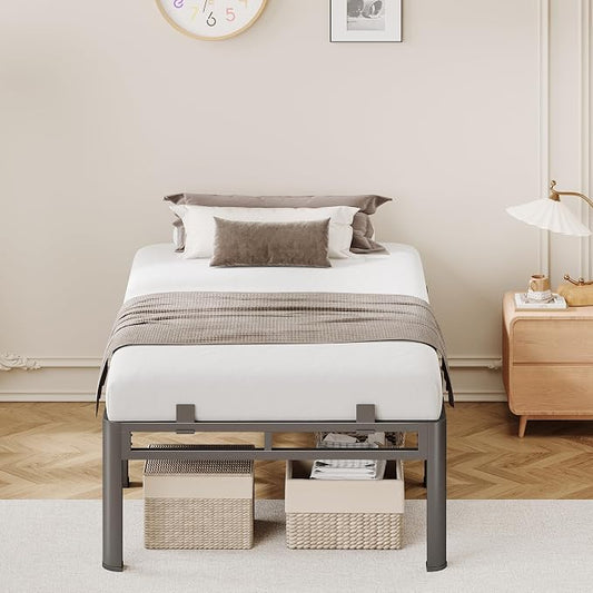 20 Inch Twin Bed Frames, Double Layer Heavy Duty Metal Bed Frames, Platform bedframe with Round Corner Legs, No Box Spring Needed, Headboard Holes, Easy Assembly