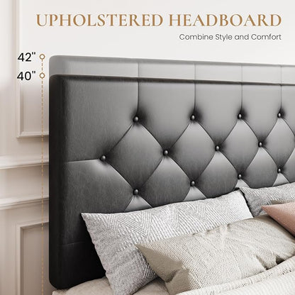 SHA CERLIN Upholstered Queen Platform Storage Bed Frame with 4 Drawers, Adjustable Headboard with Faux Leather Diamond Button Tufted Design, Wooden Slat Support, No Box Spring Needed, Black