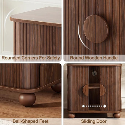 Modern Square Nightstand with Charging Station and Sliding Doors, Modern Bedside Table with Round Wooden Sliding Door Handle, Suitable for Bedroom (Walnut)