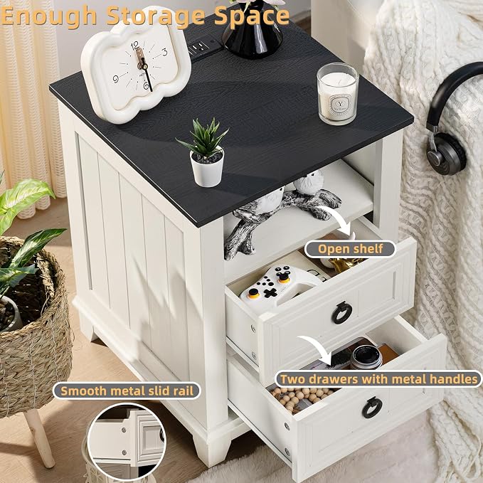 Joaxswe 18" Farmhouse Night Stand with Charging Station, 2 Drawers End Table Dresser for Bedroom, White Wooden Nightstand, Bed Side Table with Open Shelf, Bedside Cabinet for Living Room, Closet