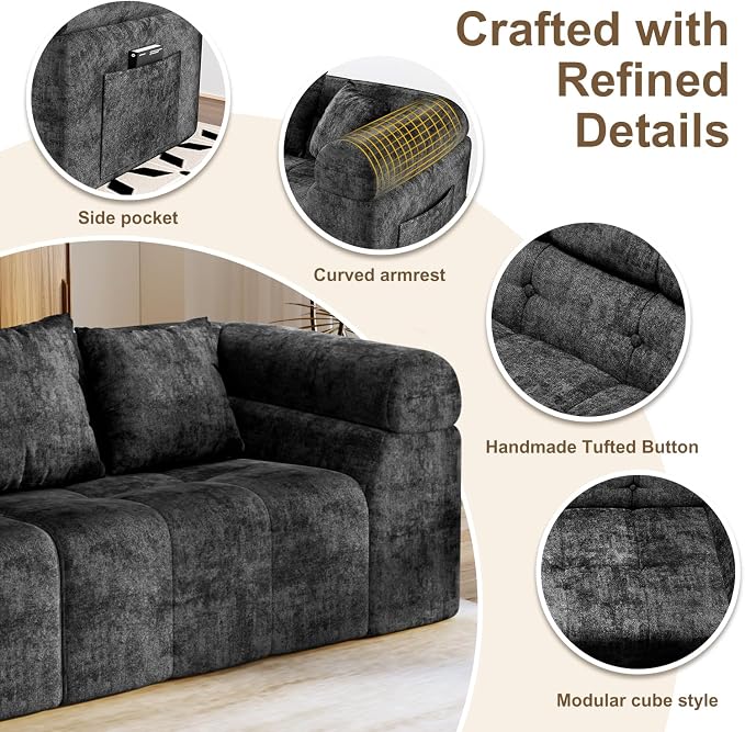 Modular Sectional Sofa Cloud Couch, Boneless Sleeper Bed for Living Room with No Assembly, Deep Seat & Pillows, Loveseat Configurations with Ergo Support & Storage Pocket, Grey