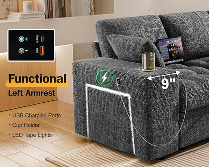 Vipbear 111" Modular Sectional Sleeper Sofa with Pull Out Bed, 8 Seat Chenille U Shaped Couch with 2 Pull-Out Beds|USB Ports|Cup Holders|Side Table|LED Light, Tool Free Assembly, Grey