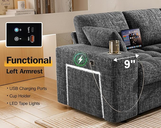 Vipbear 111" Modular Sectional Sleeper Sofa with Pull Out Bed, 7 Seat Chenille L Shaped Couch with Storage Ottoman|USB Ports|Cup Holders|Side Table|LED Light, Tool Free Assembly, Grey