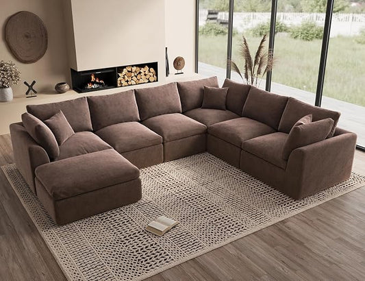 ohllob Oversized Cloud Couches for Living Room, Boneless Sectional Couch with Ottoman, 7 Seater Large Modular Sectional Sofa, Coffee Brown