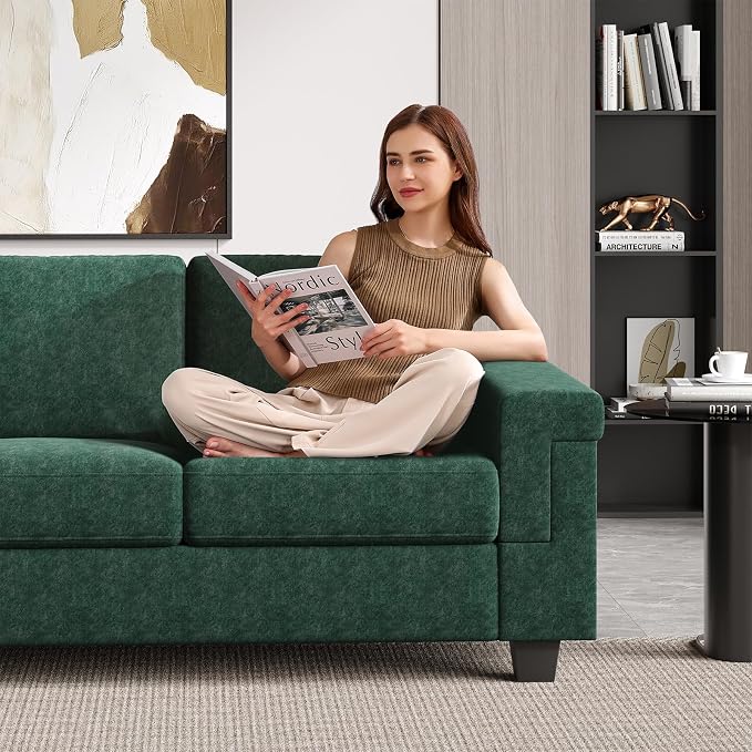 COPIAE 3 Seater Sofa Couch with Deep Seat, 90" Modern Upholstered Sofa with Armrests, Easy Installation, Comfy Couches for Living Room, Apartment, Green