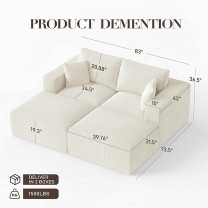 Modular Sectional Sofa Bed with Ottoman, 79" Memory Foam Cloud Couch, Boneless Loveseat Corduroy Upholstered Floor Couch, No Assembly Required Living Room Furniture for Apartment Bedroom, Beige