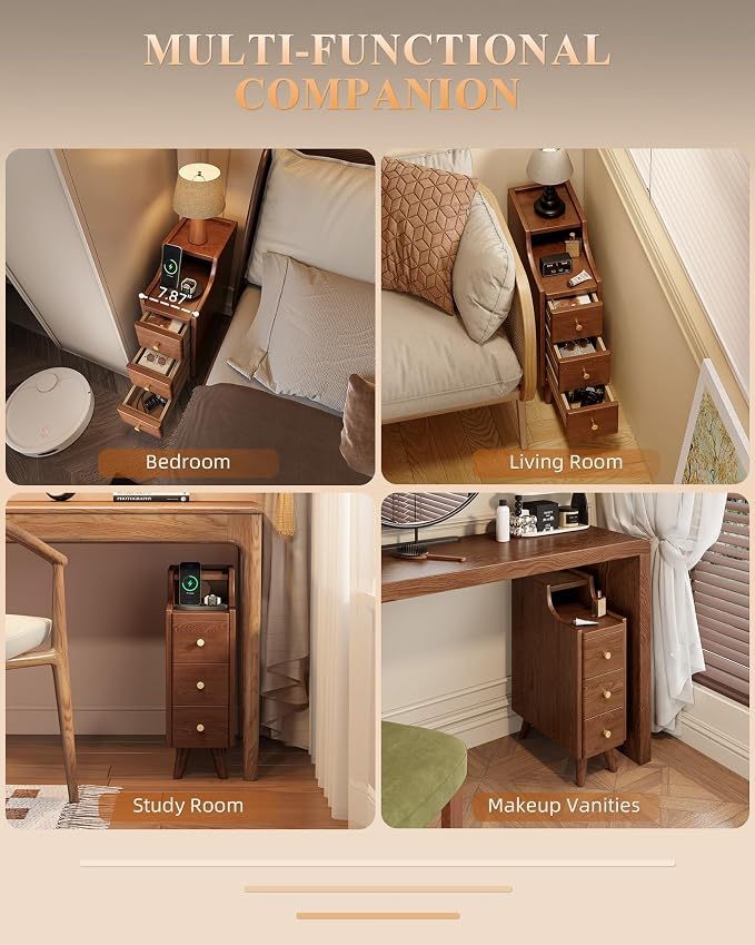 Narrow Nightstand with Drawers, 7.9" Solid Wood Nightstand with Open Shelf & Cable Hole, Modern Night Stand Slim Bedside Table for Small Spaces, Bedroom, Study