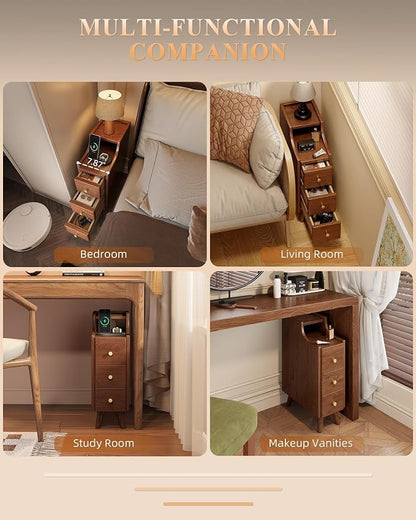 Narrow Nightstand with Drawers, 7.9" Solid Wood Nightstand with Open Shelf & Cable Hole, Modern Night Stand Slim Bedside Table for Small Spaces, Bedroom, Study
