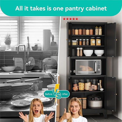 69" Tall Pantry Cabinet with Open Shelf,13.78“Deep By 28" Wide Storage Cabinet with Doors and Adjustable Shelves,Microwave Stand,for Kitchen Dining Room Bathroom,Black,1Pc