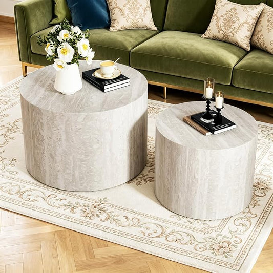 Round Nesting Coffee Tables Modern Travertine Coffee Table Small Round Coffee Tables Circular Side Table Accent End Table Nested Coffee Table Set for Living Room (Travertine)