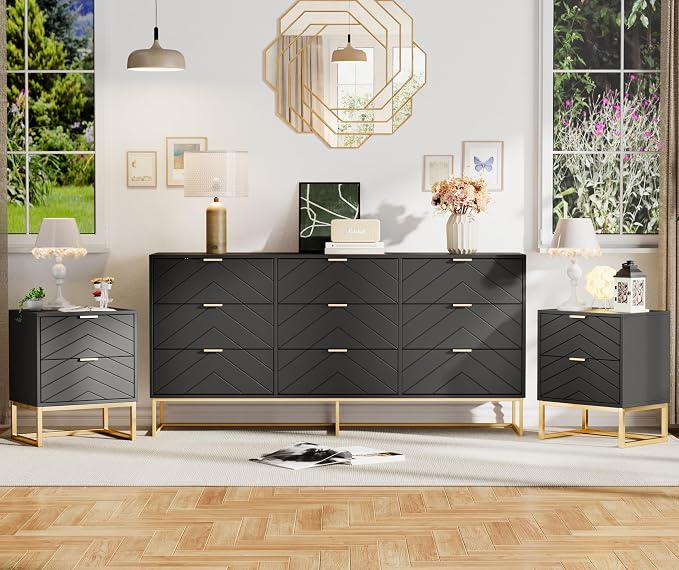 Anbuy Morden 9 Drawer Dresser and Nightstand Sets for Bedroom, 3 Pieces Bedroom Sets Night Stand Set of 2 & 9 Drawer Dresser with Gold Handles, Wood Chest of Drawers Storage Cabinet Set, Green Black