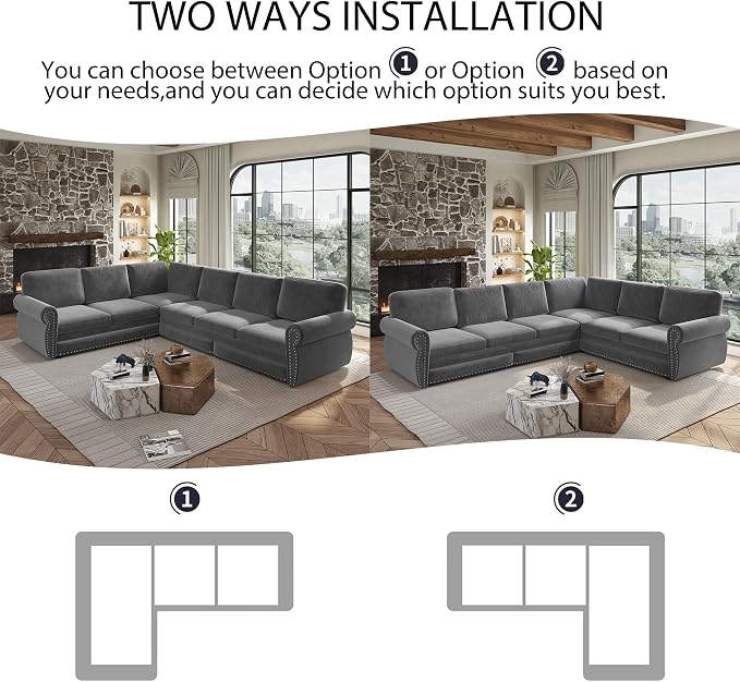 118" L-Shaped Sleeper Couch Bed - Oversize Convertible with Pull-Out Sofa Bed, Button Tufted Chesterfield Sofa, Chenille Sectional Vintage Couches for Living Room/Apartment(6-Seater, Light Grey) | Oversize Convertible