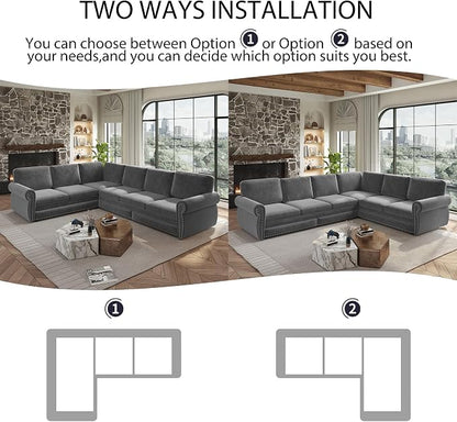 118" L-Shaped Sleeper Couch Bed - Oversize Convertible with Pull-Out Sofa Bed, Button Tufted Chesterfield Sofa, Chenille Sectional Vintage Couches for Living Room/Apartment(6-Seater, Light Grey) | Oversize Convertible