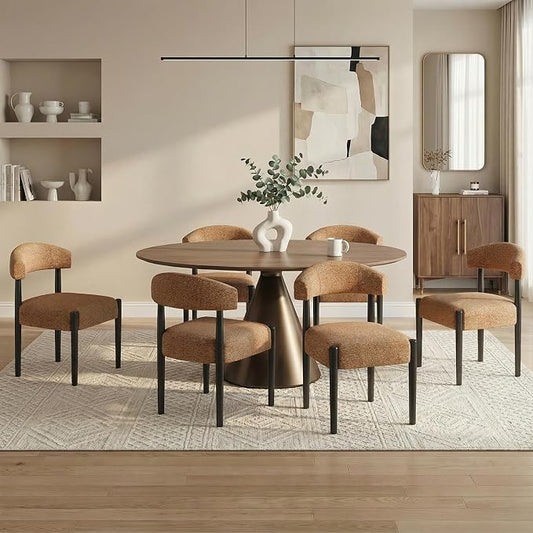 VKNOW Wooden Dining Chairs Set of 6 with Black Rubberwood Legs, Orange | Soft Chenille Fabric, Curved Open Back, Thickened Cushion, For Adults and Family, Dining Room, Kitchen, No Wobble
