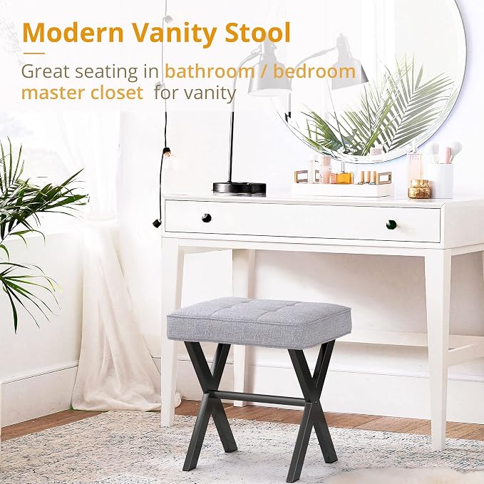 LUE BONA Vanity Stool - Square Linen Makeup Seat With Metal X Legs, Small Ottoman Chair for Makeup Room, Living Room, Bathroom - Modern Padded Foot Rest, Dark Gray