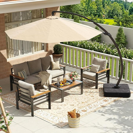 Aoxun Aluminum Patio Furniture Set with Umbrella 5 Seats, Oversized Outdoor Sectional with Washable Thick Cushions, Coffee Table, Patio Conversation Sets for Porch, Balcony, Deck