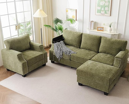Rexulqo 85'' L Shaped Couch with Armrest Organizer,Comfy 3 Seats Sofa with Storage Ottoman,Chenille Sectional Couches for Living Room,Bedroom,Apartment,Sofa Set with Oversized Chair,Green