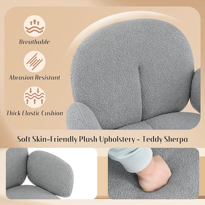 Cute Desk Chair No Wheels Set of 2, 360° Swivel Accent Chairs with Arms, Modern Upholstered Dining Room Chairs with Tufted Cushion, Accent Chairs for Home Office/Bedroom/Kitchen, Teddy Sherpa, Grey