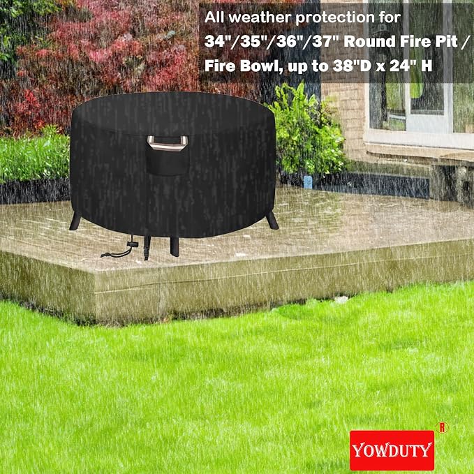 Round Propane Gas Fire Pit Cover 36 x 24 Inch, Waterproof Heavy Duty 600D Round Outdoor Fireplace Cover 36 inch, All-weather Protection For Patio Firepit / Fire Bowl 34/35/36 inch