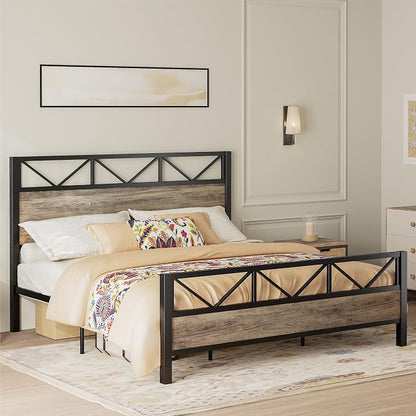 LIKIMIO California King Bed Frame, Tall Industrial Headboard 51.1 ", Platform Bed Frame with Strong Metal Support, Solid and Stable, Noise Free, No Box Spring Needed, Easy Assembly, Rustic Maple