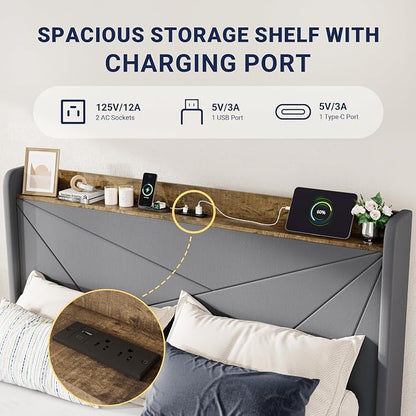 Allewie Full Size Velvet Bed Frame with 3 Storage Drawers, Upholstered Platform Bed with Wingback Storage Headboard and USB Ports, No Box Spring Needed, Easy Assembly, Grey