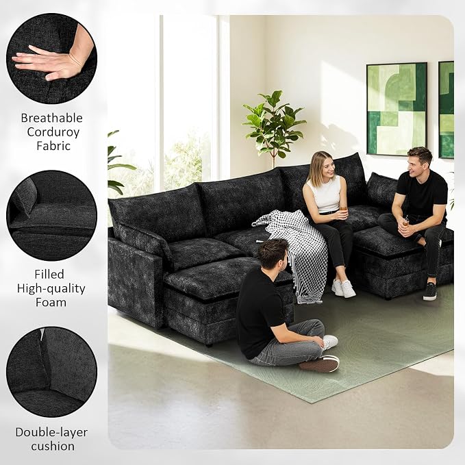 LEVELEVE 112.5" U-Shape Modular Sofa with 2 Ottomans, Deep Seat Cloud Convertible Sleeper, 2 Arm Pillows, Comfortable Upholstered Furniture for Living Room Apartment, Black