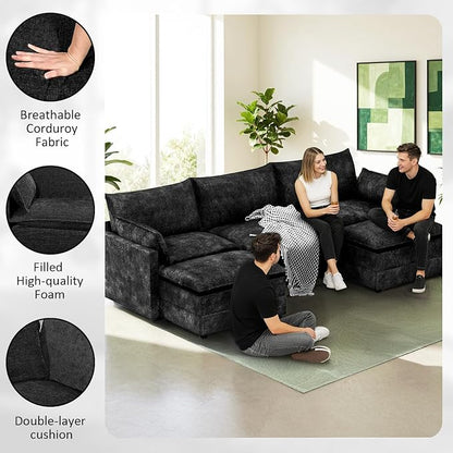 LEVELEVE 112.5" U-Shape Modular Sofa with 2 Ottomans, Deep Seat Cloud Convertible Sleeper, 2 Arm Pillows, Comfortable Upholstered Furniture for Living Room Apartment, Black