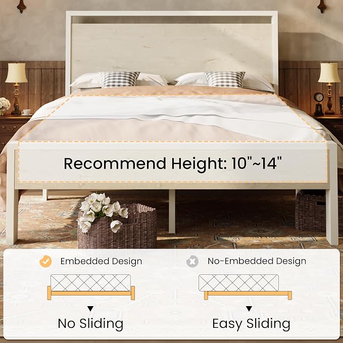 SHA CERLIN 14 Inch Queen Metal Platform Bed Frame with Wooden Headboard and Footboard, No Box Spring Needed, Large Under Bed Storage, Heavy Duty Slats Support, White Washed Oak