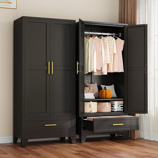 winiowa Metal Armoire Wardrobe Closet with Drawer, 71" Wardrobe Cabinet with Adjustable Shelves and Hanging Rod, Clothing Storage Cabinet Closet for Bedroom-Black