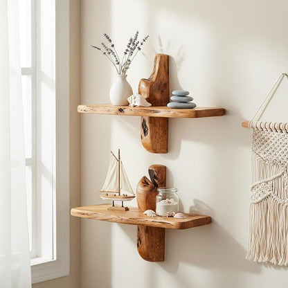 16" Live Edge Wall Mounted Beside Shelf Set of 2, Wood Floating Shelf, Floating Nightstand Handcrafted Root Cedar Bedside Floating Shelf, Unique Natural Wood Wall Decor for Bedroom, Living Room