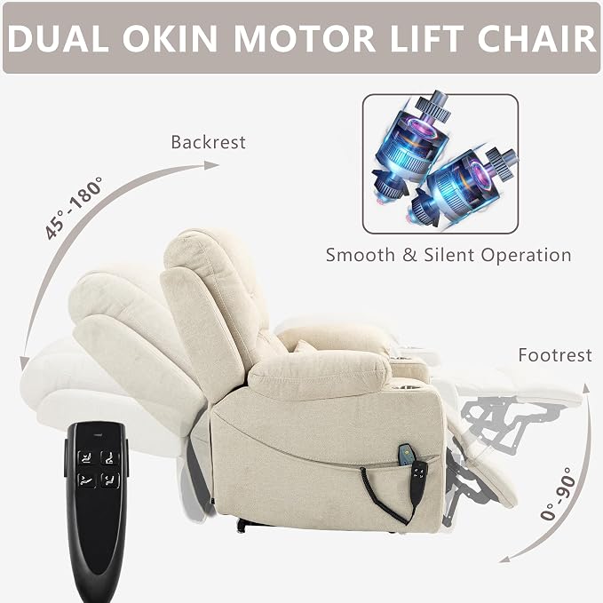FUNECORP Large Power Lift Recliner Chair Sofa with Massage and Heat for Big and Tall Elderly,Infinite Positions,Dual Motor,Cup Holders,Extended Footrest,Velvet Home Theater Seat