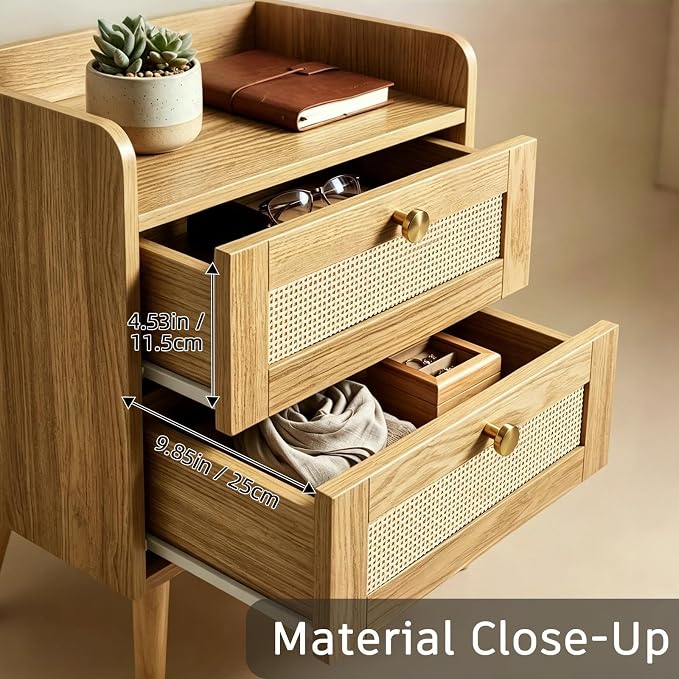 Nightstands Set of 2 with Charging Station, Modern Boho Rattan Bedside Tables with 2 Drawers,Open Storage End Tables for Bedroom, Small Spaces and Dorm, Solid Wood Legs,Natural