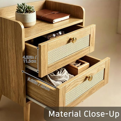 Nightstands Set of 2 with Charging Station, Modern Boho Rattan Bedside Tables with 2 Drawers,Open Storage End Tables for Bedroom, Small Spaces and Dorm, Solid Wood Legs,Natural