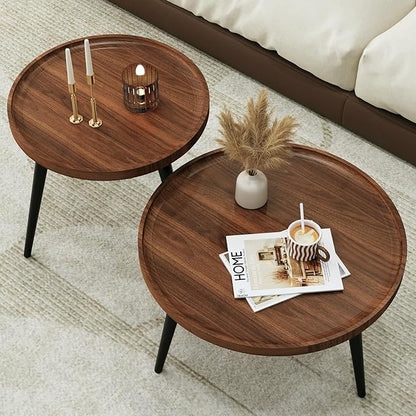 2 Pcs Mid Century Modern Coffee Table Round for Living Room,Easy Assembly Nesting Coffee Tables,Minimalist Circle Walnut Coffee Table for Bedroom Office Balcony Yard