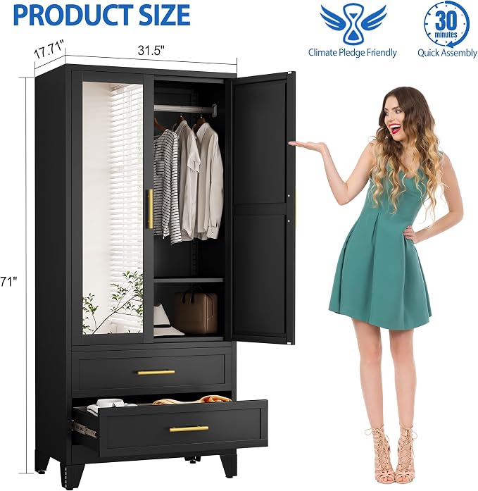 GAIOUS Steel Armoire Wardrobe Closet with Mirror and 2 Drawers 71" Black | Clothes Storage Cabinets with 2 Doors, 1 Adjustable Shelf, Metal Wardrobe Cabinet with Hanging Rod for Bedroom, Gym, Cloak