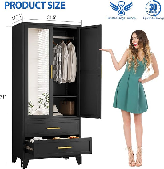 GAIOUS Steel Armoire Wardrobe Closet with Mirror and 2 Drawers 71" Black | Clothes Storage Cabinets with 2 Doors, 1 Adjustable Shelf, Metal Wardrobe Cabinet with Hanging Rod for Bedroom, Gym, Cloak