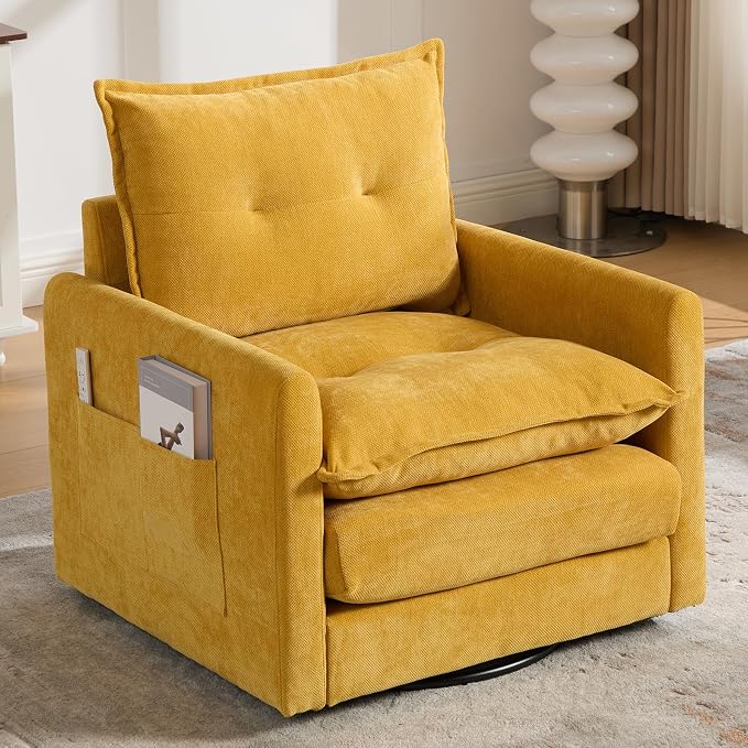 Swivel Accent Chair, Modern Swivel Barrel Chair for Living Room, 360 Degree Comfy Square Accent Barrel Chair, Upholstered Sofa Armchair for Bedroom,Reading, Chenille, Mustard Yellow