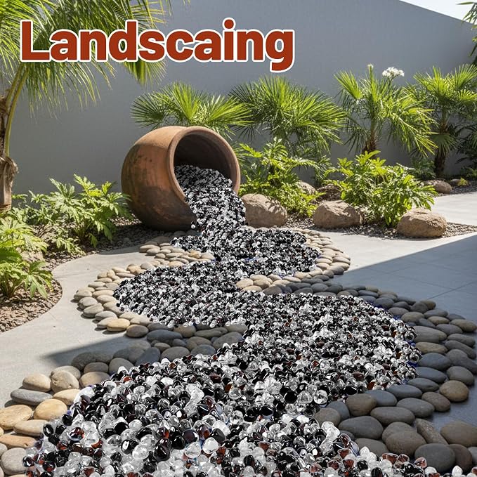 Blended Fire Glass Diamonds for Propane Firepit, Fireplace and Outdoor Decorative, 1 Inch Firepit Glass 10LB (Crystal Ice +Onyx Black + Amber)