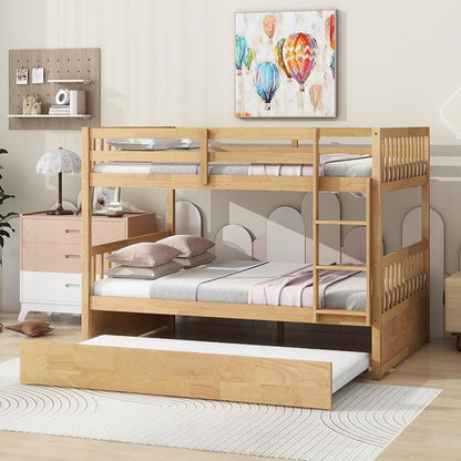 Bellemave Full Over Full Bunk Bed with Trundle,Convertible Bunk Beds with Ladder & Safety Guardrails,Full Size Trundle Bunk Beds for Kids Girls Boys,Natural