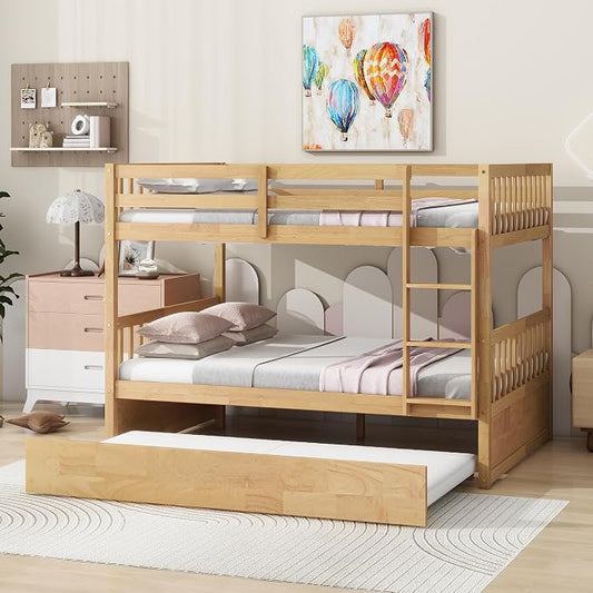 Bellemave Full Over Full Bunk Bed with Trundle,Convertible Bunk Beds with Ladder & Safety Guardrails,Full Size Trundle Bunk Beds for Kids Girls Boys,Natural