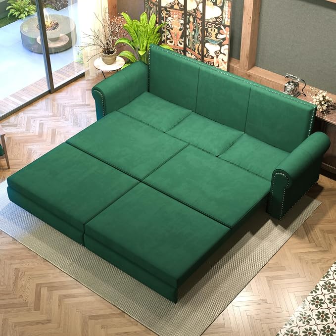 93.7" King Pull Out Sofa Bed, Velvet Sleeper Sofa Couch, 3 in 1 Convertible Futon Couches for Living Room, Small Space, Apartment, Office, Bedroom, Modern Rivet Armrest, Green