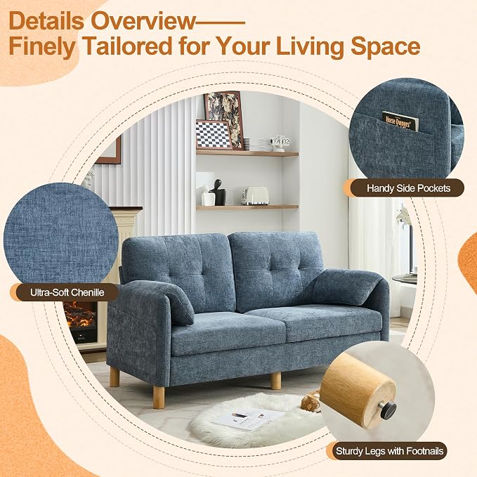 WUTUTUEE 65" Chenille Loveseat Sofa, Modern 2-Seater Love Seat Couch with Armrest Pillows, Storage Pockets, Easy Assembly, Upholstered Tufted Loveseat Couches for Living Room Bedroom, Blue
