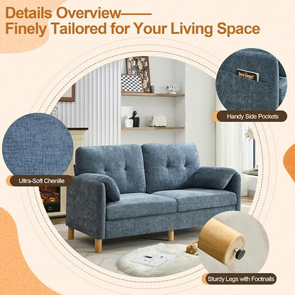 WUTUTUEE 65" Chenille Loveseat Sofa, Modern 2-Seater Love Seat Couch with Armrest Pillows, Storage Pockets, Easy Assembly, Upholstered Tufted Loveseat Couches for Living Room Bedroom, Blue
