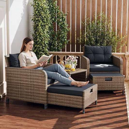 LHBcraft Balcony Furniture 5 Piece Patio Conversation Set, PE Wicker Rattan Outdoor Lounge Chairs with Soft Cushions 2 Ottoman-Glass Table for Porch