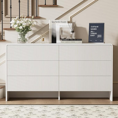 Furniway 55" Wide Modern Dresser for Bedroom, 6 Drawer Chest of Drawers with Curved Design, Push-to-Open Storage Dresser, White