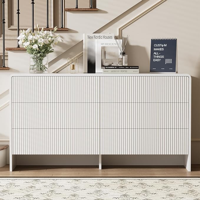 Furniway 3 Piece Bedroom Dresser Set, 6 Drawer Dresser with 2 Nightstands, Fluted Chest of Drawers with Pop-Up Design, Modern Storage Furniture for Bedroom, Living Room, Entryway, White