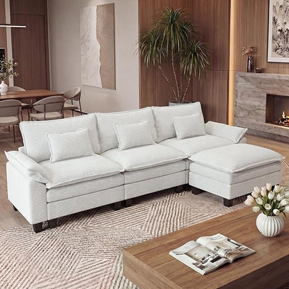 URRED Oversized Modular Sectional Sofa, 122" L Shaped Modern Comfy Cloud Couch with Movable Ottoman & Pillows, Deep Seat Couches for Living Room, Bedroom or Apartment (Corduroy Beige, 122" L Shaped)