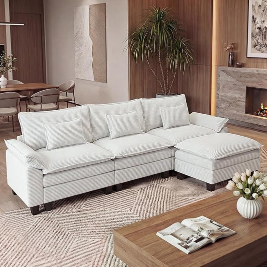 URRED Oversized Modular Sectional Sofa, 122" L Shaped Modern Comfy Cloud Couch with Movable Ottoman & Pillows, Deep Seat Couches for Living Room, Bedroom or Apartment (Corduroy Beige, 122" L Shaped)