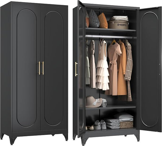 SteeLoong 71" Metal Armoire Wardrobe Closet with Doors,Tall Clothing Storage Cabinet with Adjustable Shelves and Hanging Rod,Black Wardrobe Closet for Bedroom,Home,Office,Gym